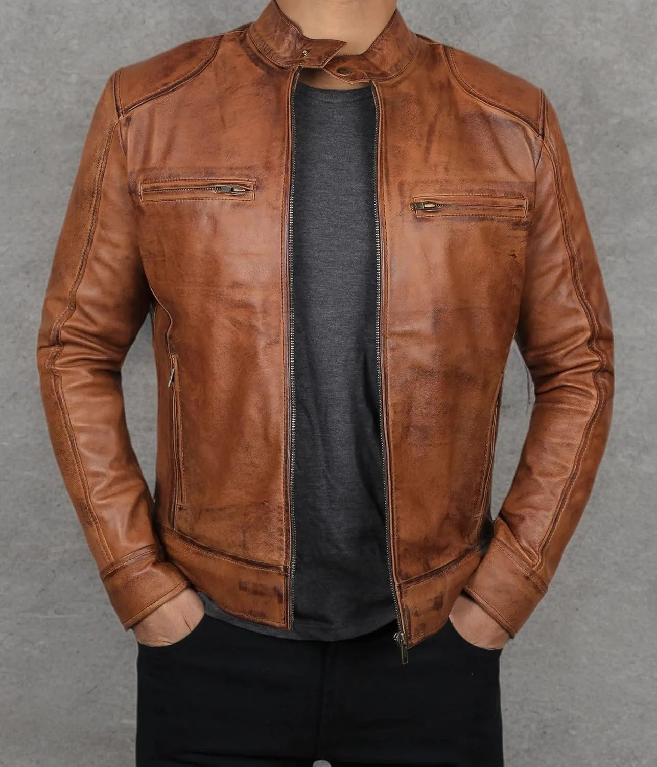 Decrum Mens Leather Jacket - Cafe Racer Style Real Lambskin Leather Jacket Men