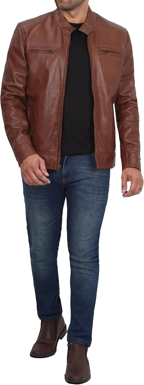 Decrum Mens Leather Jacket - Cafe Racer Style Real Lambskin Leather Jacket Men