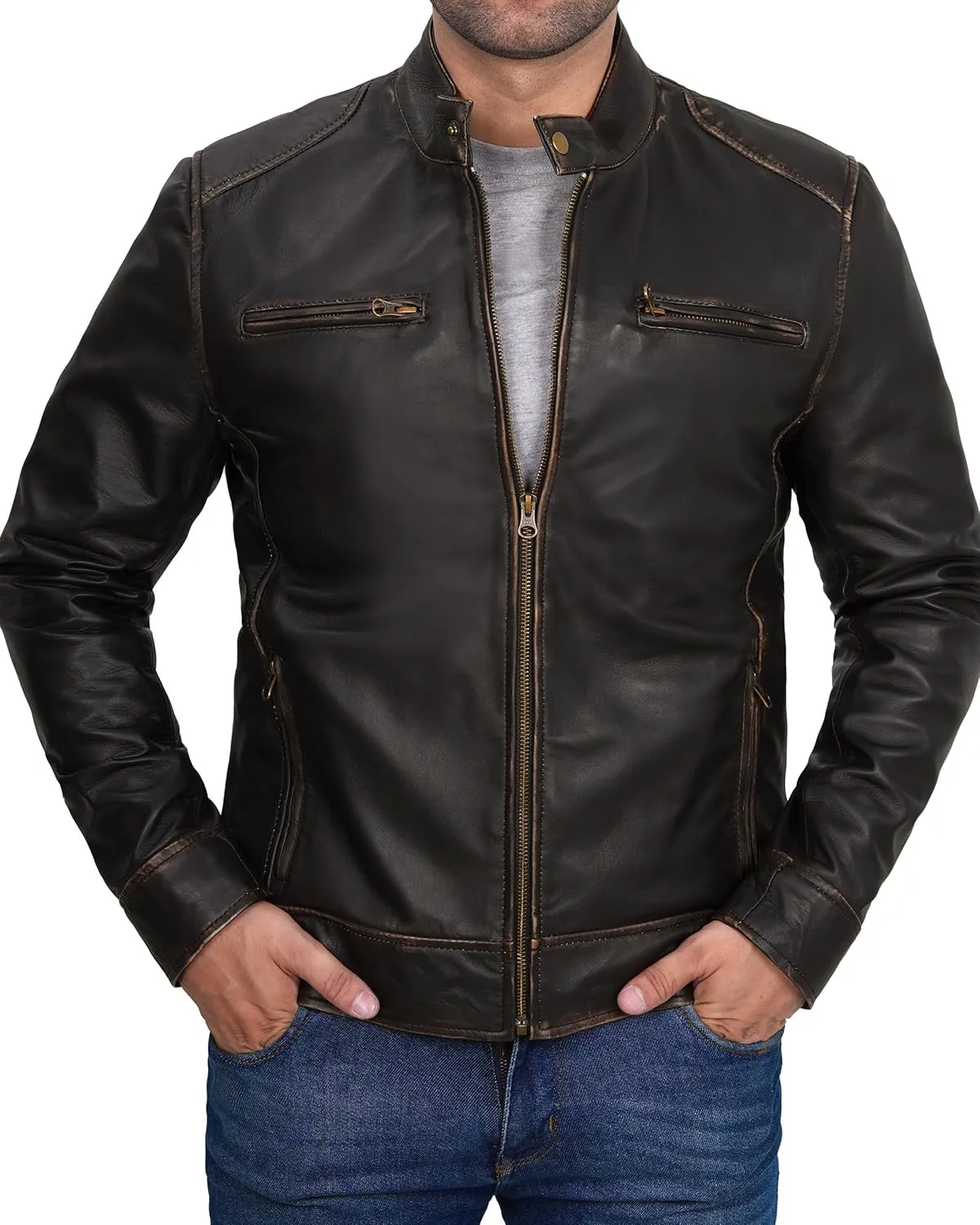 Decrum Mens Leather Jacket - Cafe Racer Style Real Lambskin Leather Jacket Men