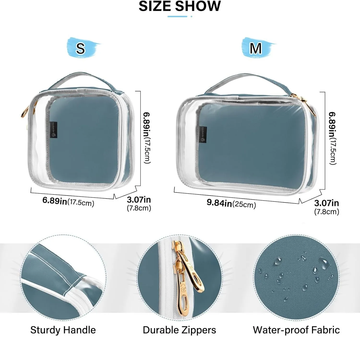 Deep Blue 2 Pieces Clear Makeup Cosmetic Toiletry Bags for Women Men PVC Waterproof Portable Travel Storage Carry Pouch with Gold Zippers Travel Organizer for Traveling Vacation Bathroom Organizing