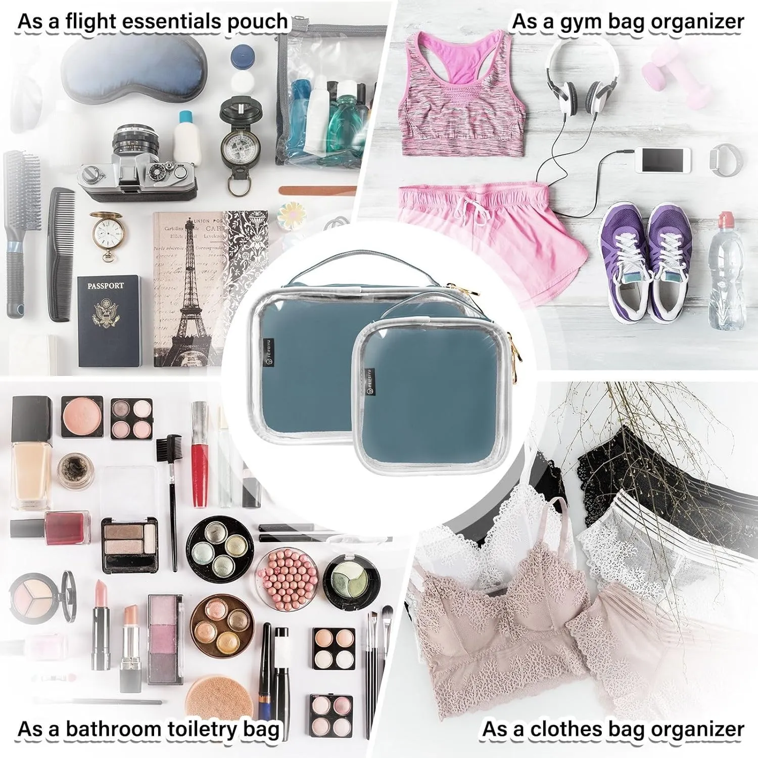 Deep Blue 2 Pieces Clear Makeup Cosmetic Toiletry Bags for Women Men PVC Waterproof Portable Travel Storage Carry Pouch with Gold Zippers Travel Organizer for Traveling Vacation Bathroom Organizing