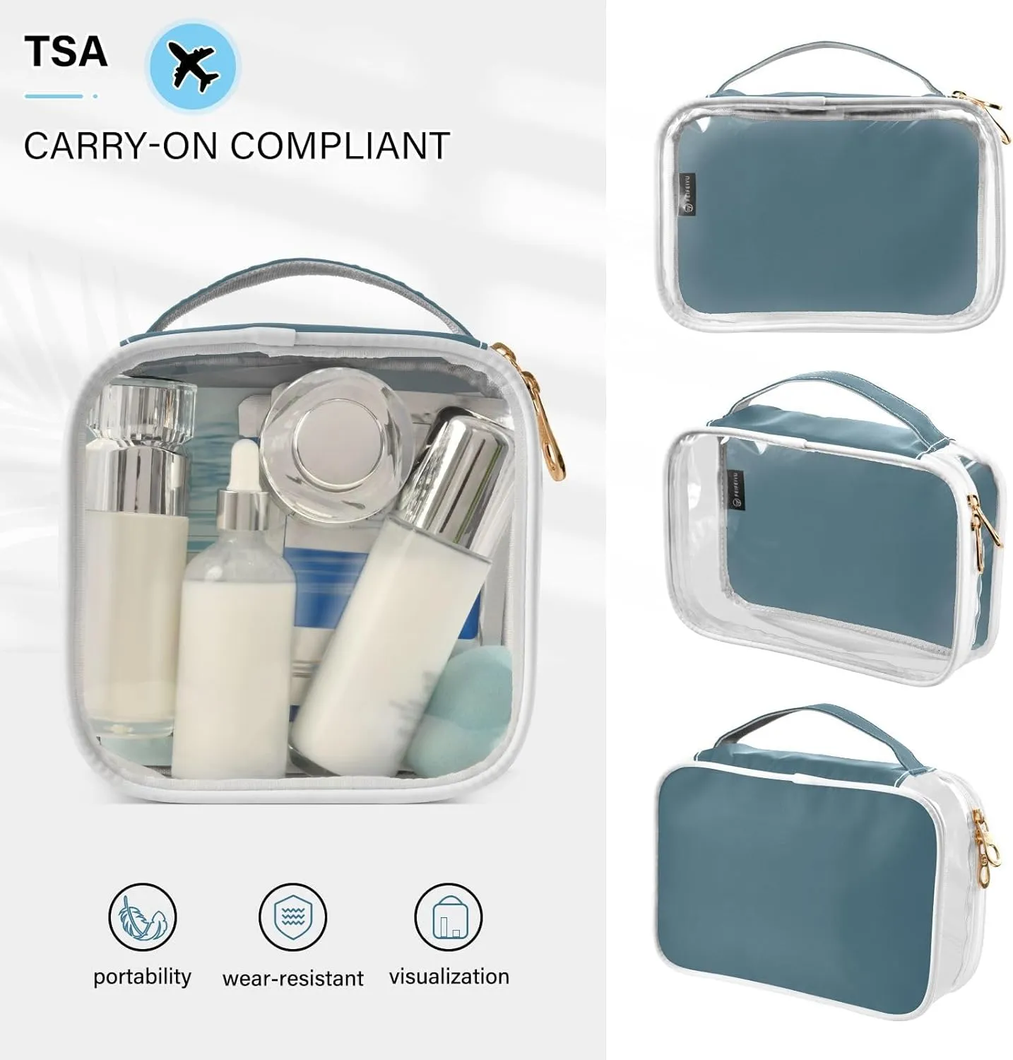 Deep Blue 2 Pieces Clear Makeup Cosmetic Toiletry Bags for Women Men PVC Waterproof Portable Travel Storage Carry Pouch with Gold Zippers Travel Organizer for Traveling Vacation Bathroom Organizing