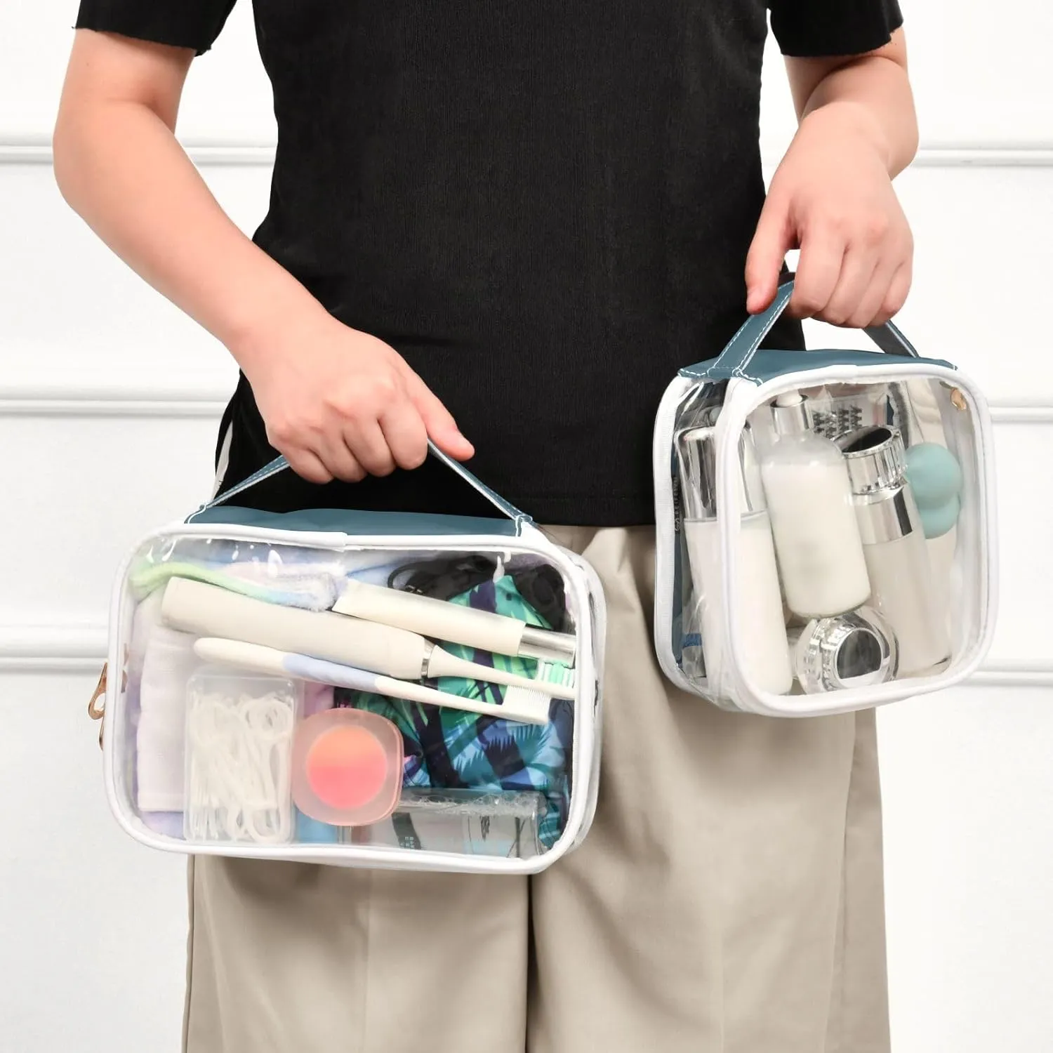 Deep Blue 2 Pieces Clear Makeup Cosmetic Toiletry Bags for Women Men PVC Waterproof Portable Travel Storage Carry Pouch with Gold Zippers Travel Organizer for Traveling Vacation Bathroom Organizing