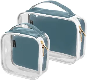 Deep Blue 2 Pieces Clear Makeup Cosmetic Toiletry Bags for Women Men PVC Waterproof Portable Travel Storage Carry Pouch with Gold Zippers Travel Organizer for Traveling Vacation Bathroom Organizing