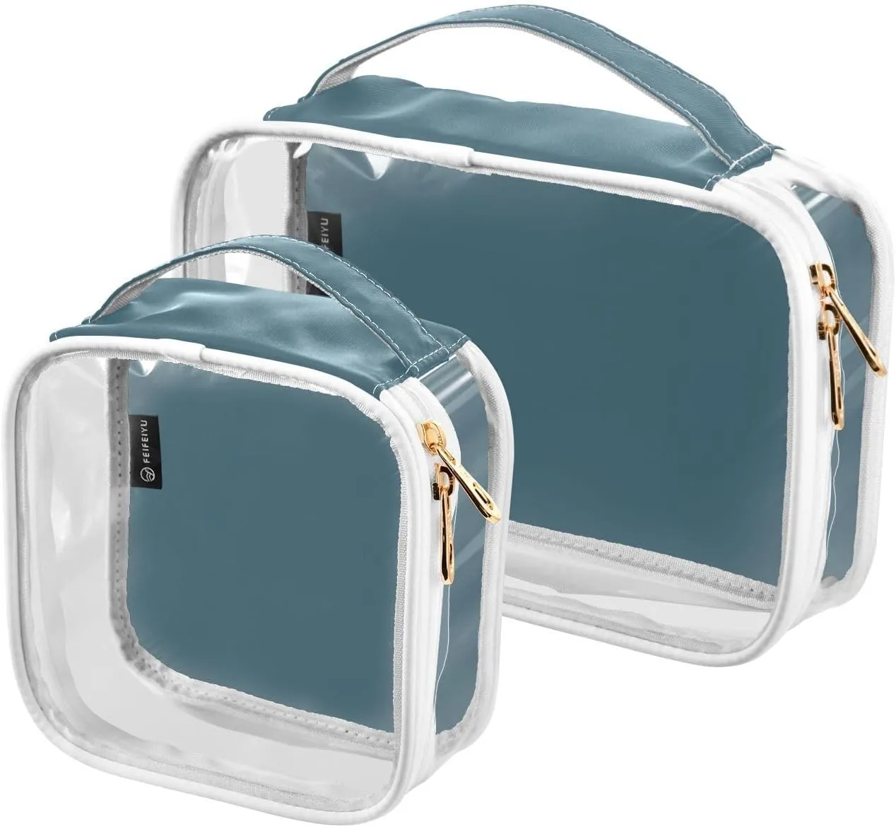 Deep Blue 2 Pieces Clear Makeup Cosmetic Toiletry Bags for Women Men PVC Waterproof Portable Travel Storage Carry Pouch with Gold Zippers Travel Organizer for Traveling Vacation Bathroom Organizing