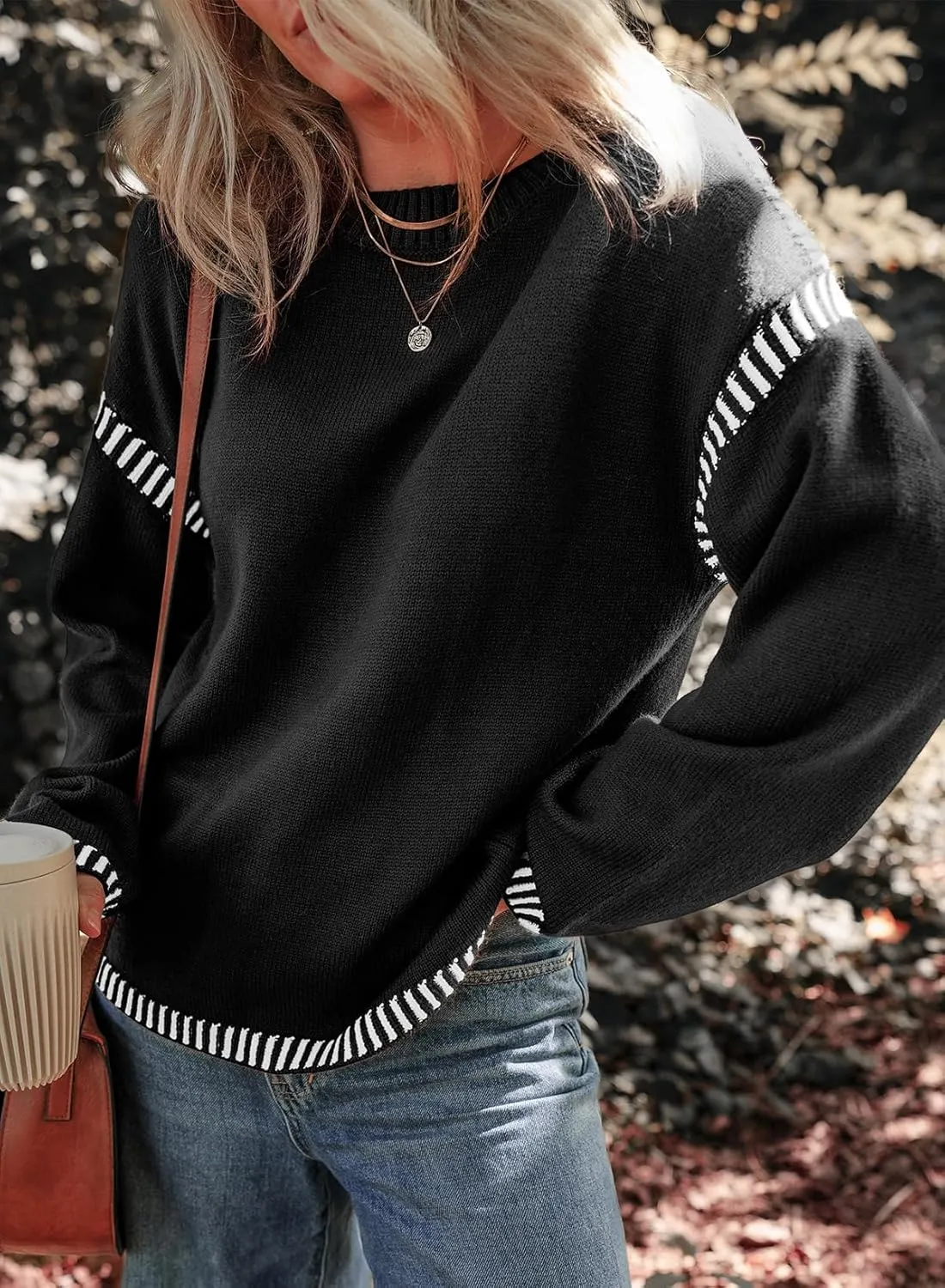 Dokotoo Sweaters for Women Fashion Solid Crewneck Loose Fit Long Sleeve Contrast Cable Knit Pullover Sweater Jumper Tops