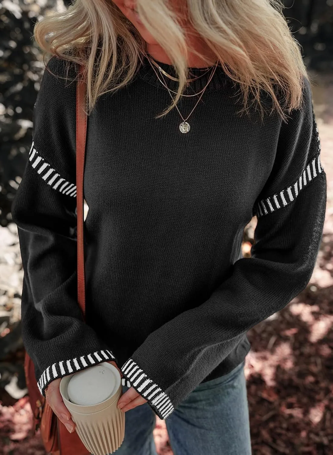 Dokotoo Sweaters for Women Fashion Solid Crewneck Loose Fit Long Sleeve Contrast Cable Knit Pullover Sweater Jumper Tops