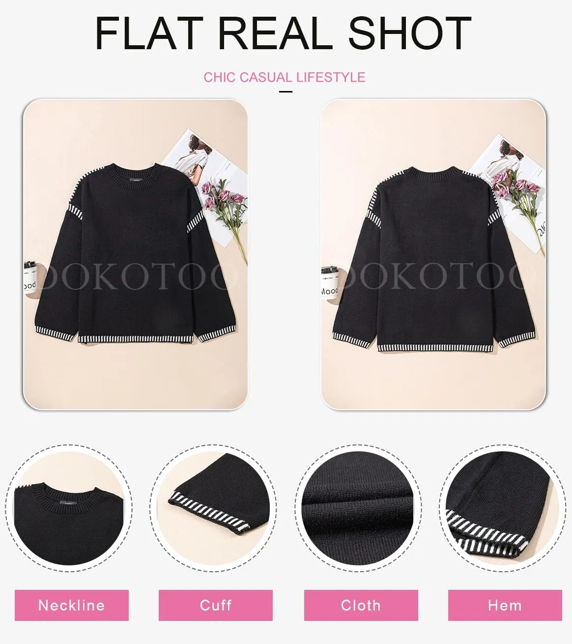 Dokotoo Sweaters for Women Fashion Solid Crewneck Loose Fit Long Sleeve Contrast Cable Knit Pullover Sweater Jumper Tops