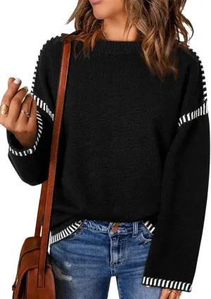Dokotoo Sweaters for Women Fashion Solid Crewneck Loose Fit Long Sleeve Contrast Cable Knit Pullover Sweater Jumper Tops