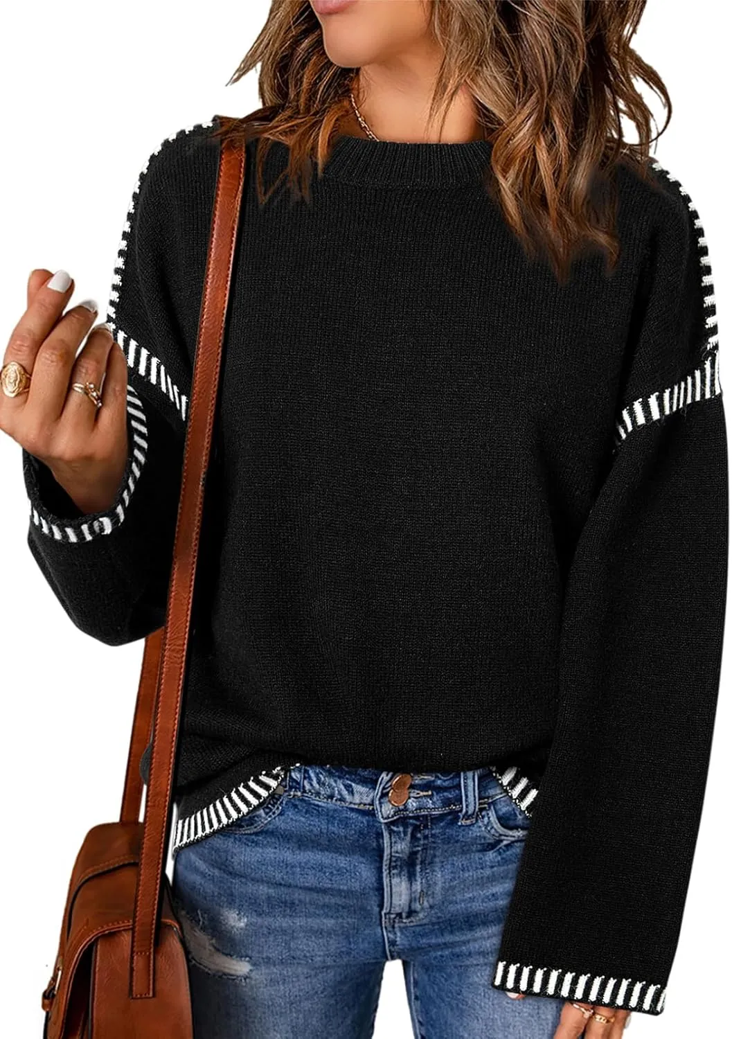 Dokotoo Sweaters for Women Fashion Solid Crewneck Loose Fit Long Sleeve Contrast Cable Knit Pullover Sweater Jumper Tops