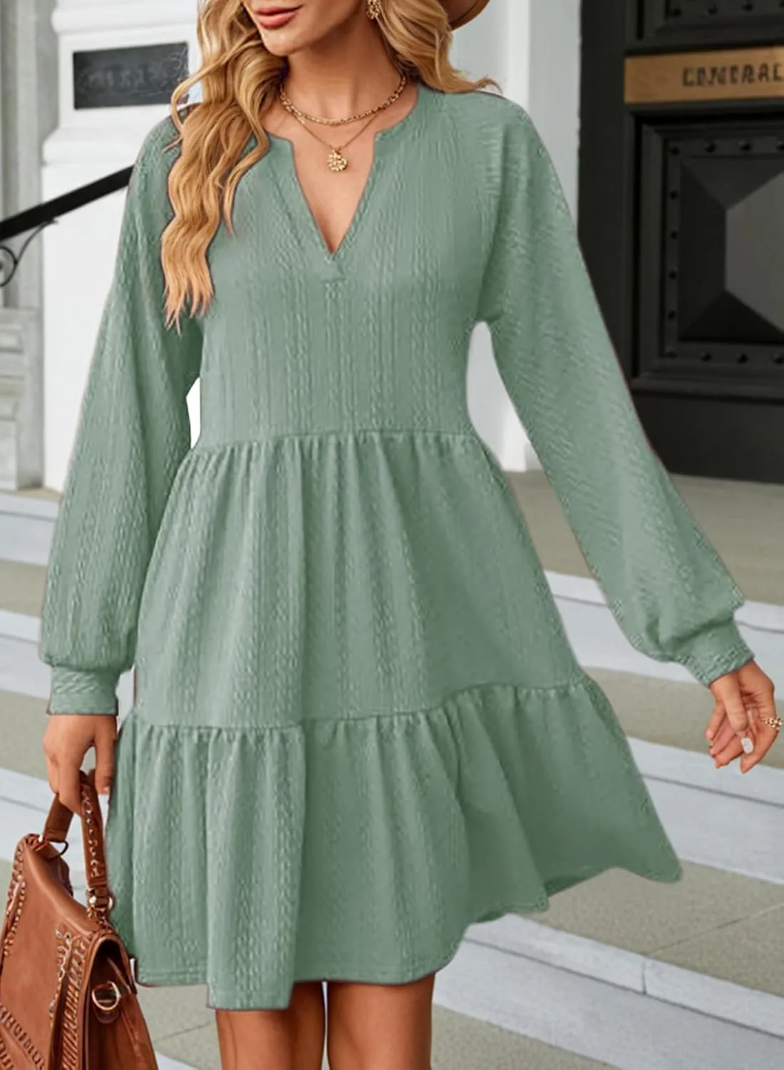 Dokotoo Womens Dresses 2025 Long Sleeve V Neck Textured Casual Tiered Ruffle A-Line Swing Mini Babydoll Dress