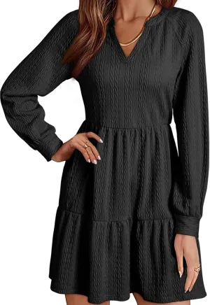 Dokotoo Womens Dresses 2025 Long Sleeve V Neck Textured Casual Tiered Ruffle A-Line Swing Mini Babydoll Dress