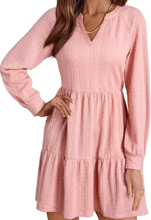 Dokotoo Womens Dresses 2025 Long Sleeve V Neck Textured Casual Tiered Ruffle A-Line Swing Mini Babydoll Dress