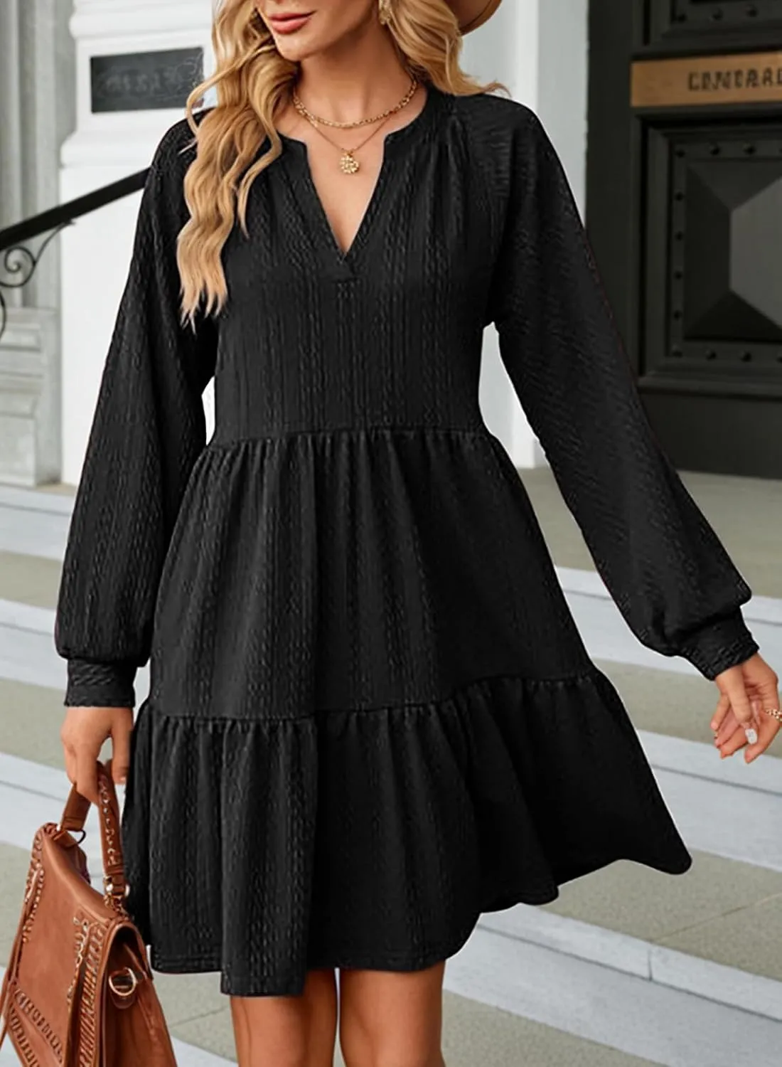 Dokotoo Womens Dresses 2025 Long Sleeve V Neck Textured Casual Tiered Ruffle A-Line Swing Mini Babydoll Dress