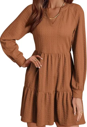 Dokotoo Womens Dresses 2025 Long Sleeve V Neck Textured Casual Tiered Ruffle A-Line Swing Mini Babydoll Dress