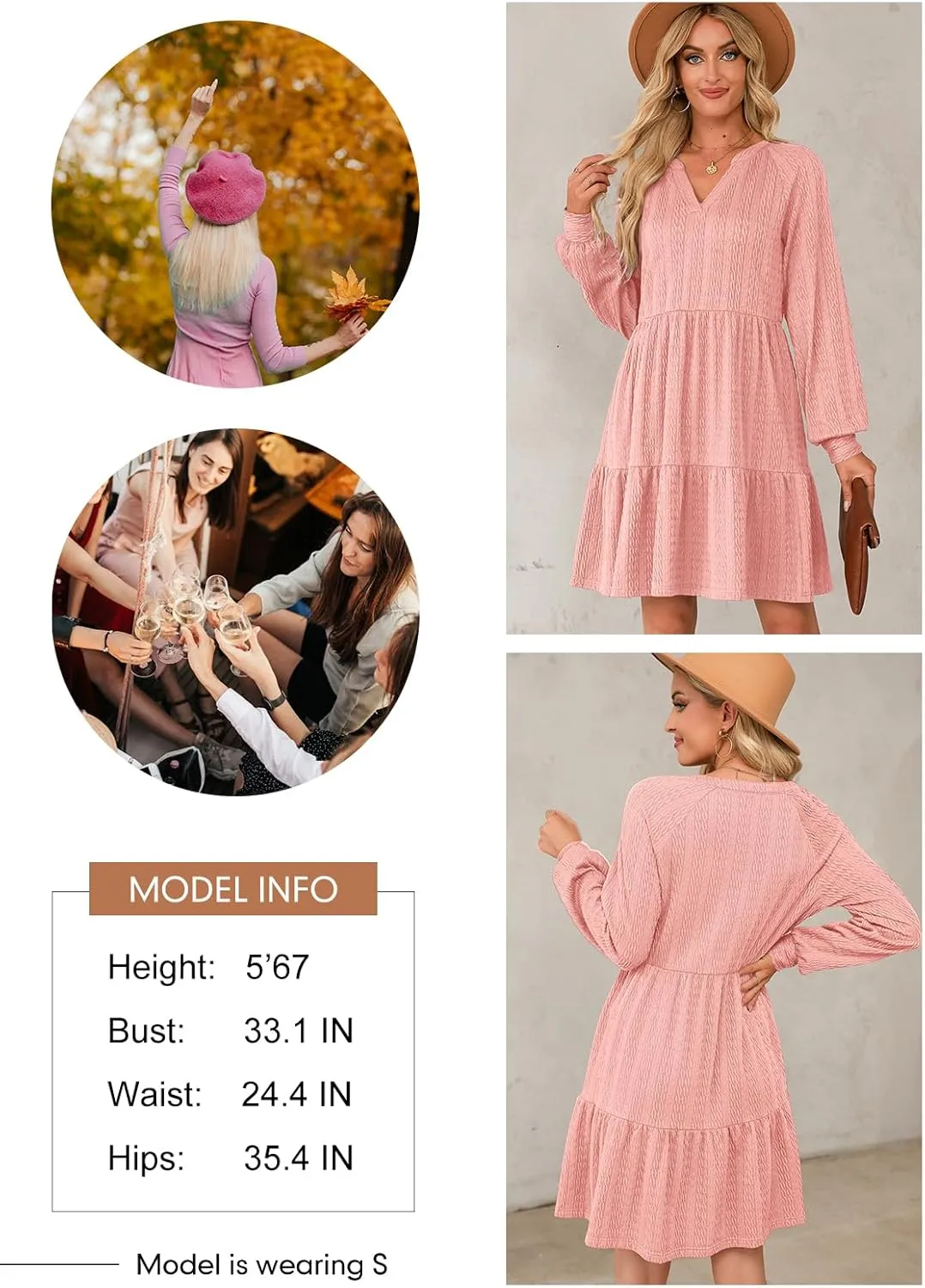 Dokotoo Womens Dresses 2025 Long Sleeve V Neck Textured Casual Tiered Ruffle A-Line Swing Mini Babydoll Dress