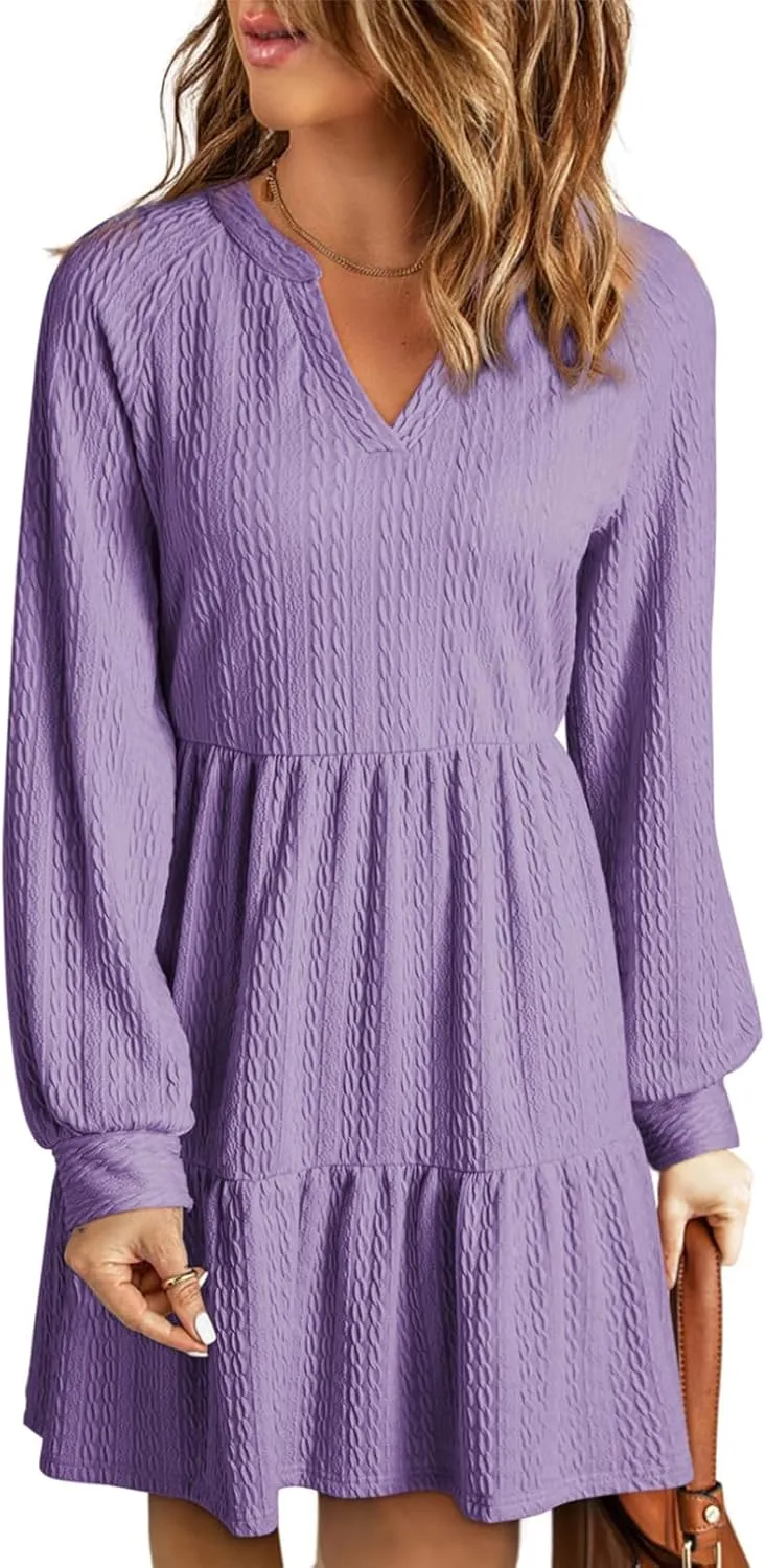 Dokotoo Womens Dresses 2025 Long Sleeve V Neck Textured Casual Tiered Ruffle A-Line Swing Mini Babydoll Dress