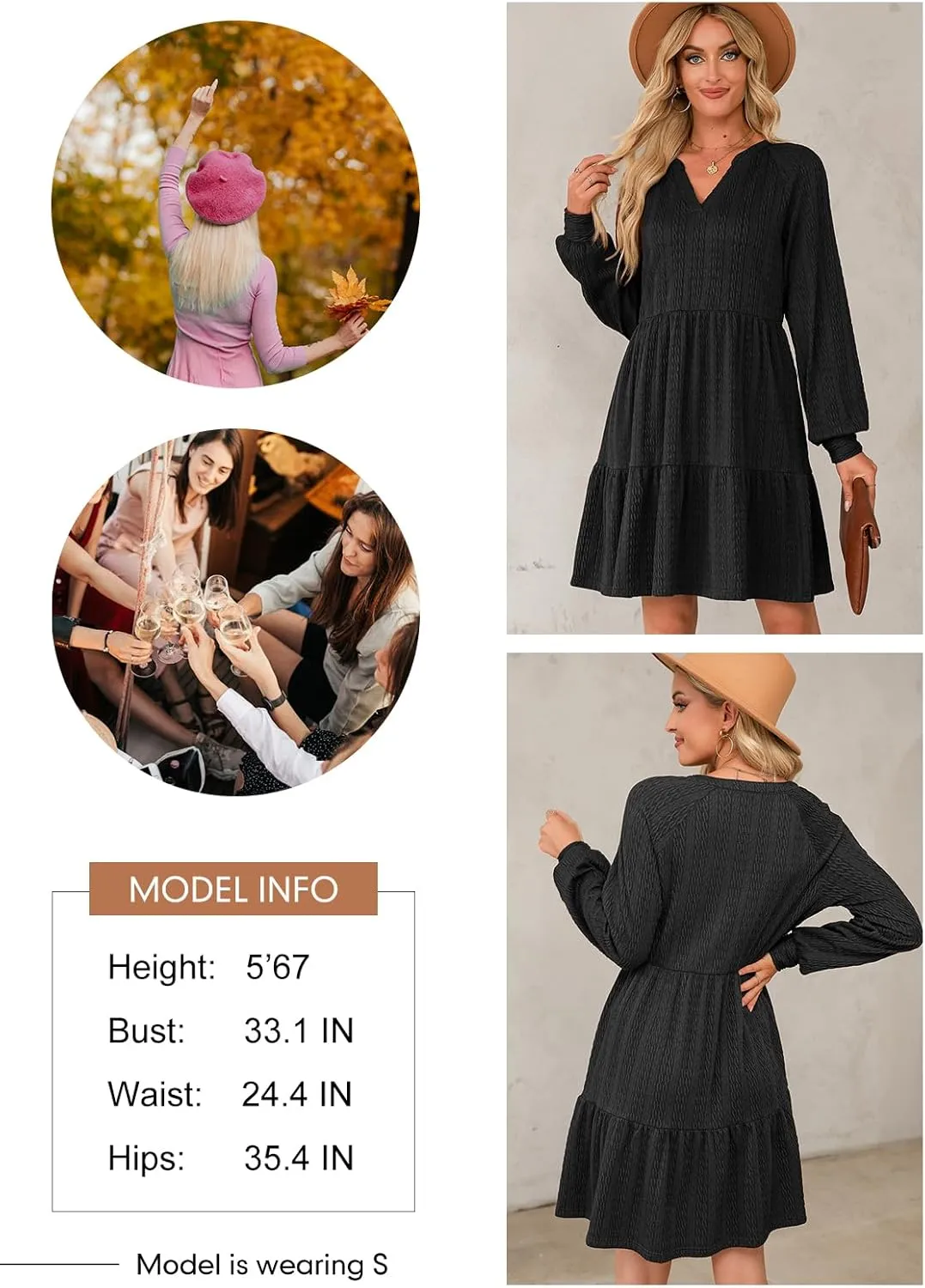 Dokotoo Womens Dresses 2025 Long Sleeve V Neck Textured Casual Tiered Ruffle A-Line Swing Mini Babydoll Dress