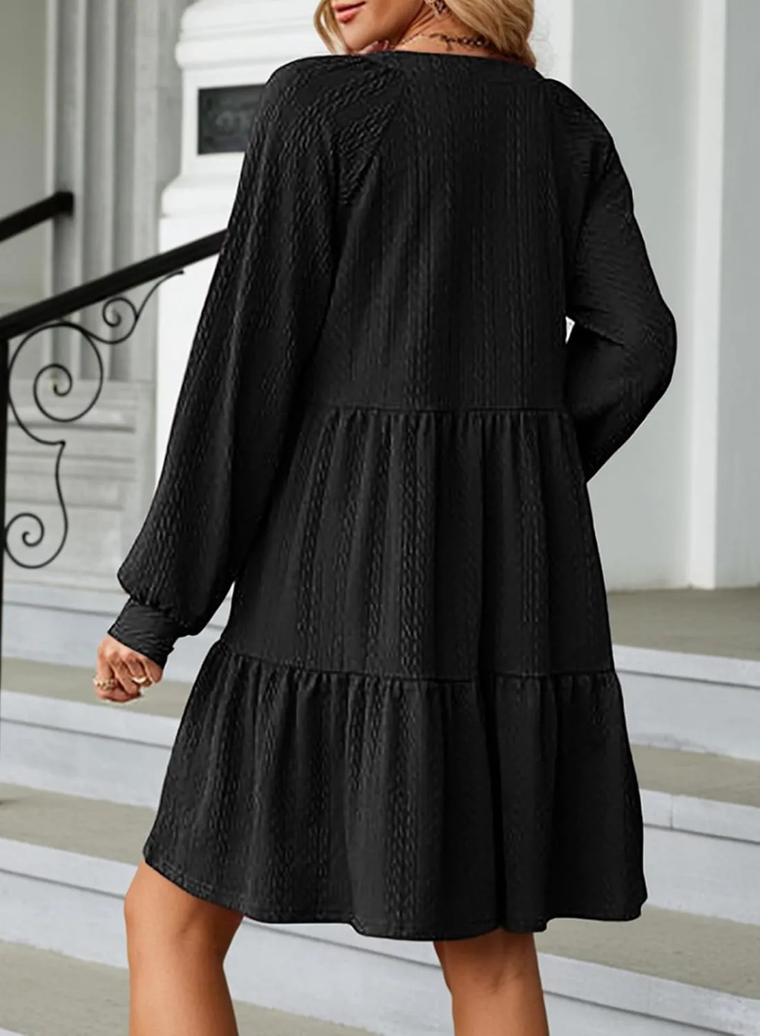 Dokotoo Womens Dresses 2025 Long Sleeve V Neck Textured Casual Tiered Ruffle A-Line Swing Mini Babydoll Dress