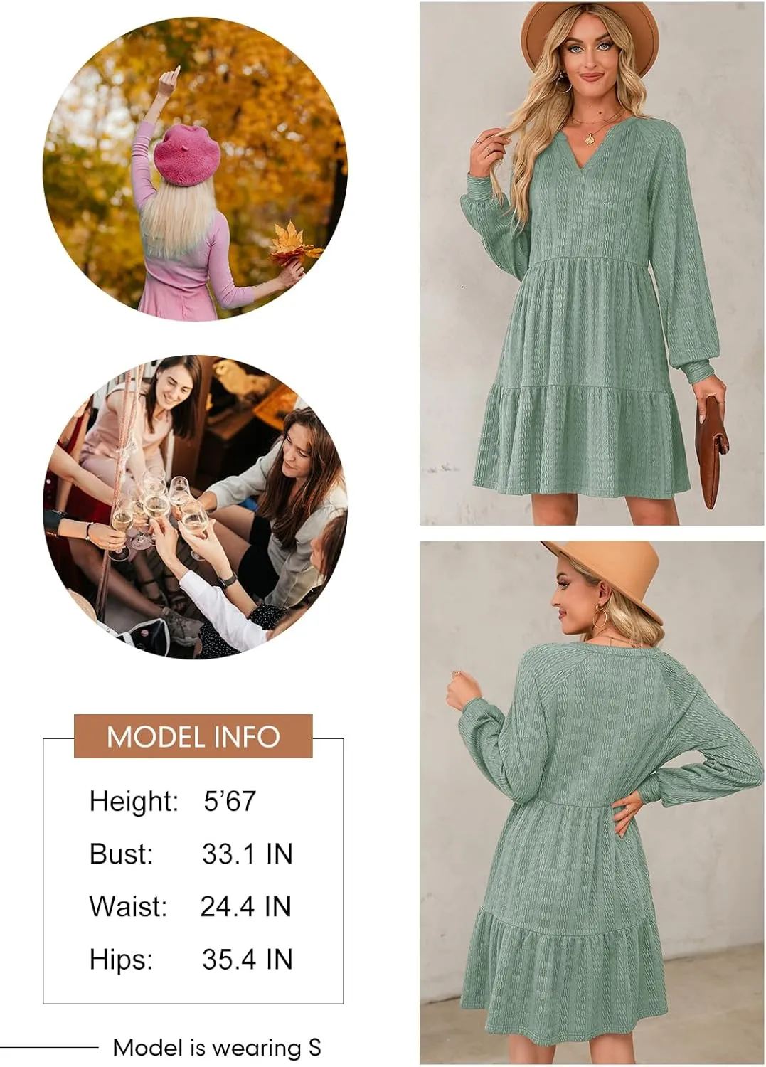 Dokotoo Womens Dresses 2025 Long Sleeve V Neck Textured Casual Tiered Ruffle A-Line Swing Mini Babydoll Dress