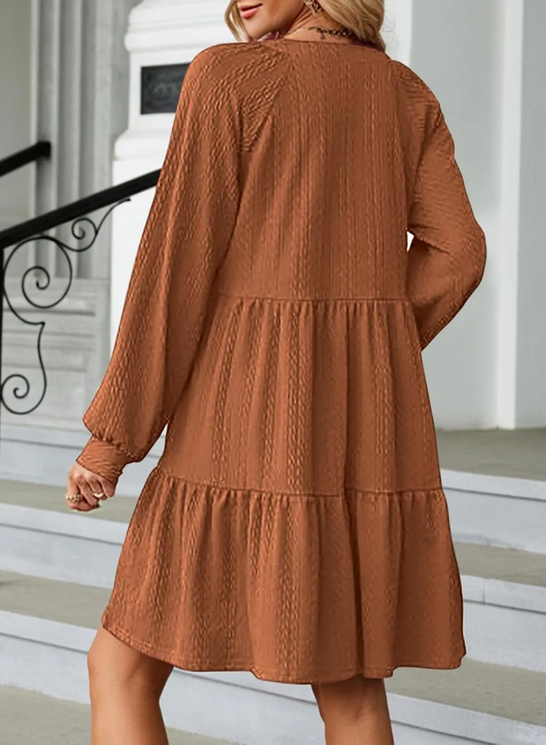 Dokotoo Womens Dresses 2025 Long Sleeve V Neck Textured Casual Tiered Ruffle A-Line Swing Mini Babydoll Dress