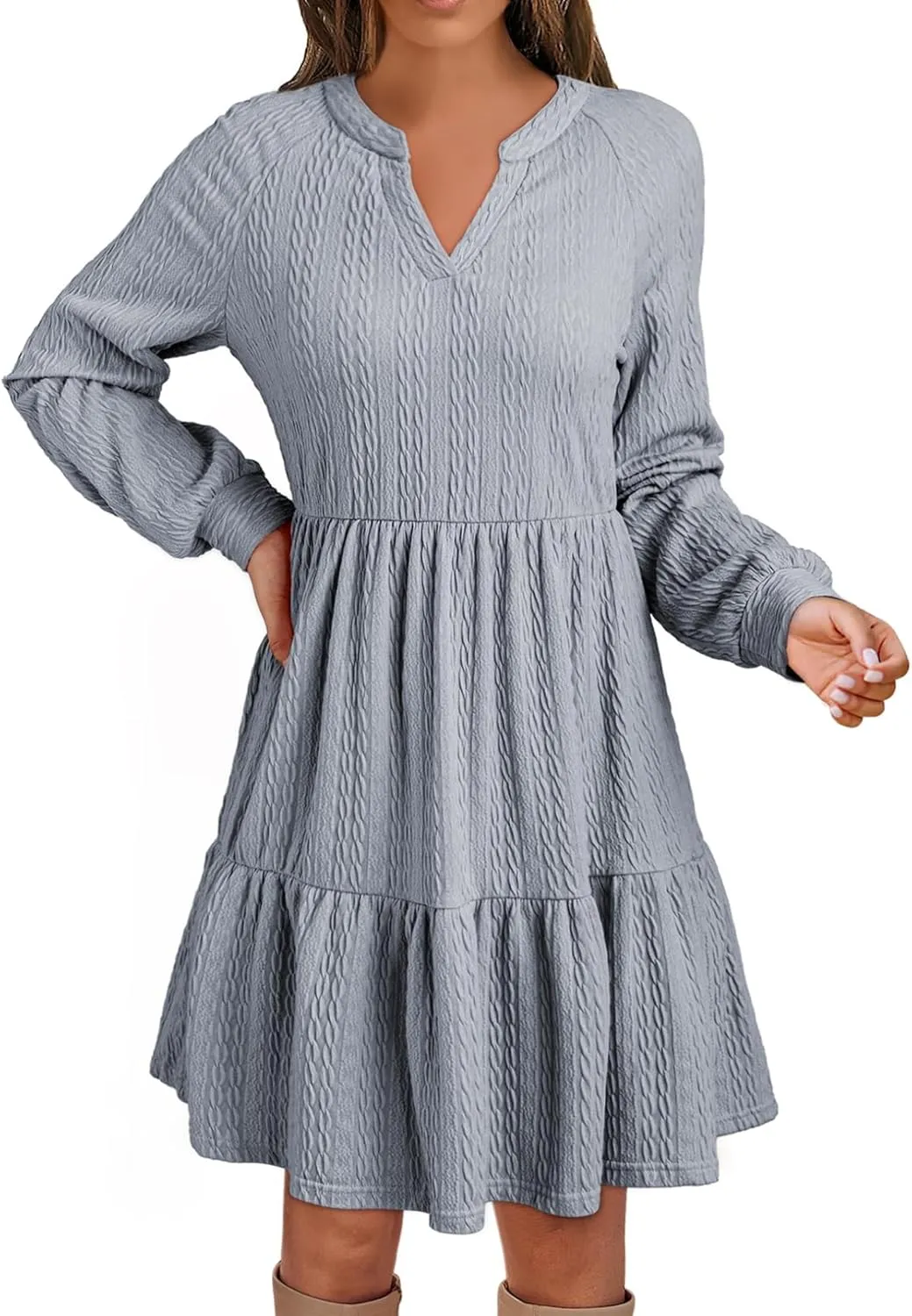 Dokotoo Womens Dresses 2025 Long Sleeve V Neck Textured Casual Tiered Ruffle A-Line Swing Mini Babydoll Dress
