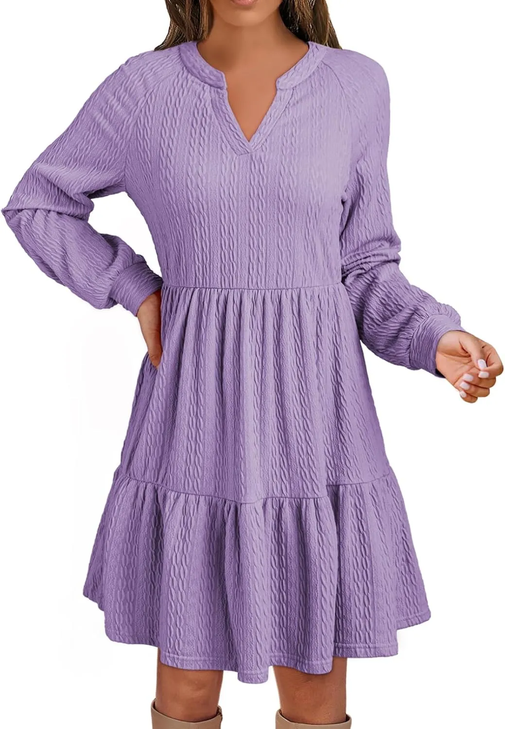 Dokotoo Womens Dresses 2025 Long Sleeve V Neck Textured Casual Tiered Ruffle A-Line Swing Mini Babydoll Dress