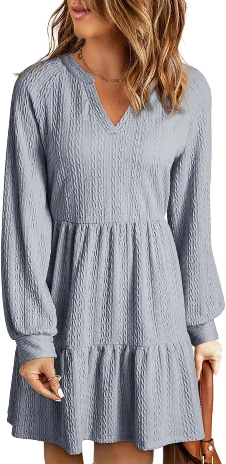 Dokotoo Womens Dresses 2025 Long Sleeve V Neck Textured Casual Tiered Ruffle A-Line Swing Mini Babydoll Dress