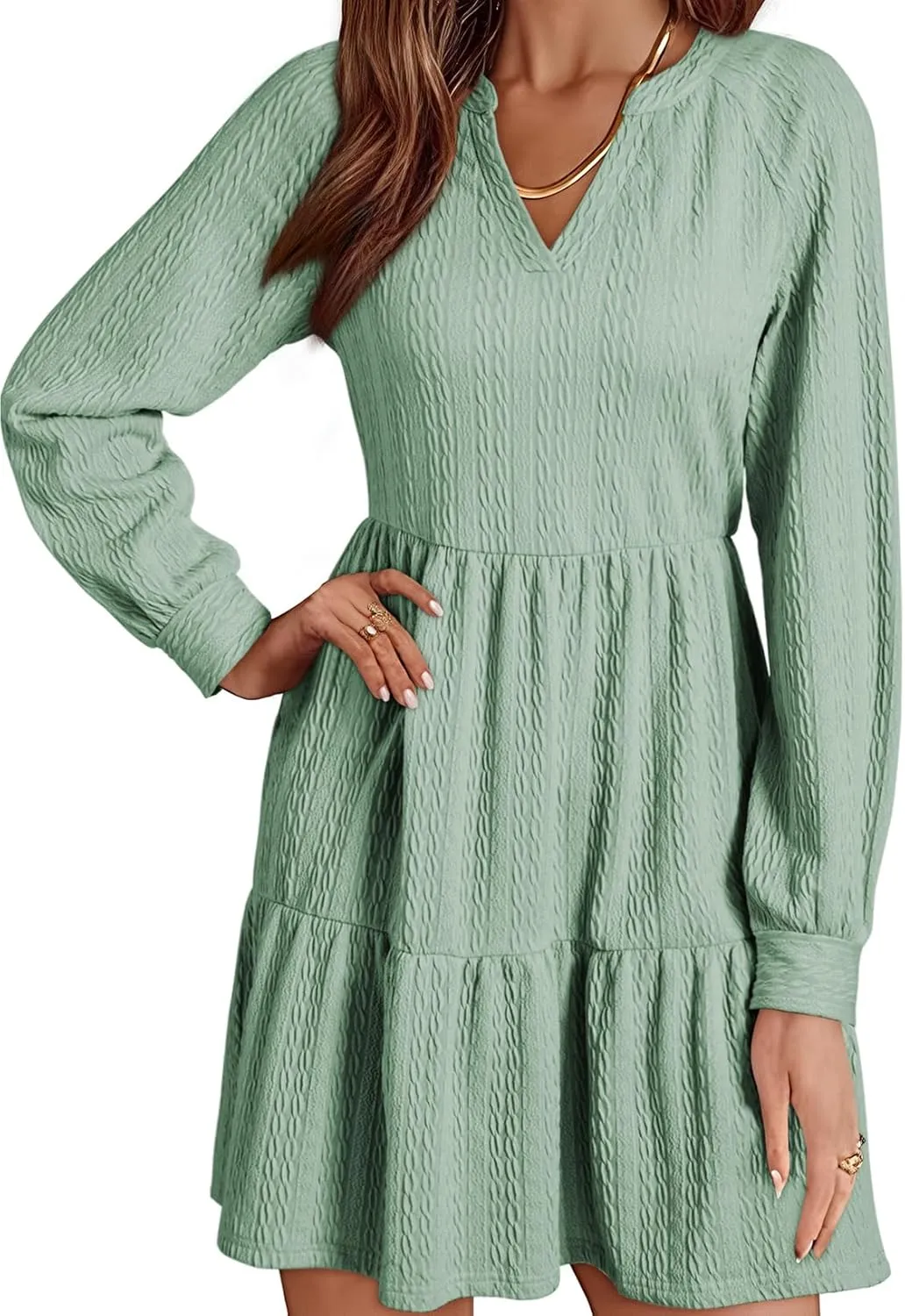 Dokotoo Womens Dresses 2025 Long Sleeve V Neck Textured Casual Tiered Ruffle A-Line Swing Mini Babydoll Dress
