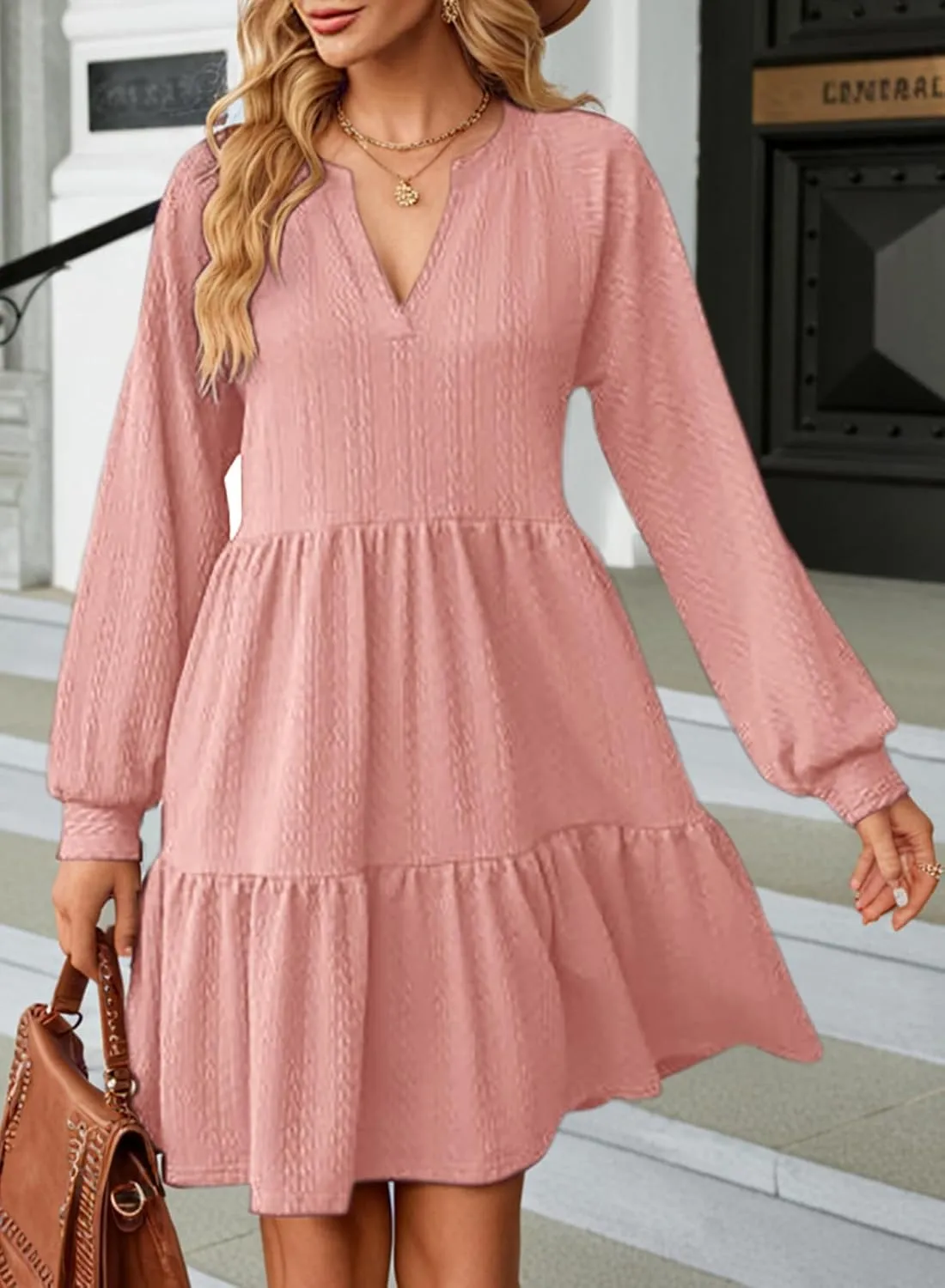 Dokotoo Womens Dresses 2025 Long Sleeve V Neck Textured Casual Tiered Ruffle A-Line Swing Mini Babydoll Dress