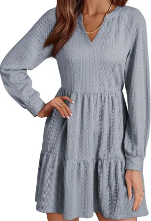 Dokotoo Womens Dresses 2025 Long Sleeve V Neck Textured Casual Tiered Ruffle A-Line Swing Mini Babydoll Dress