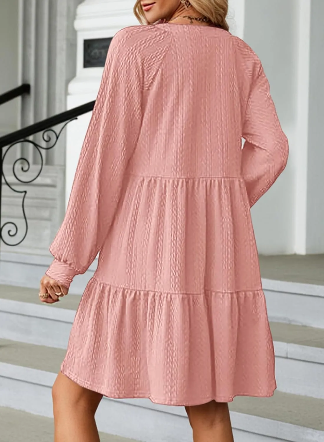 Dokotoo Womens Dresses 2025 Long Sleeve V Neck Textured Casual Tiered Ruffle A-Line Swing Mini Babydoll Dress