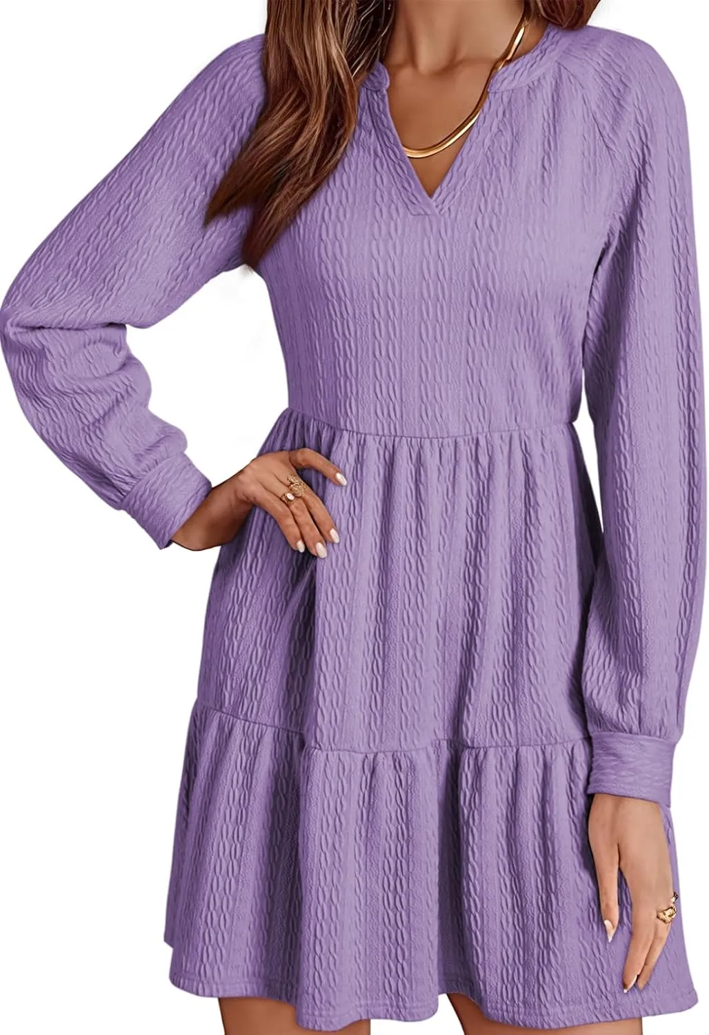 Dokotoo Womens Dresses 2025 Long Sleeve V Neck Textured Casual Tiered Ruffle A-Line Swing Mini Babydoll Dress