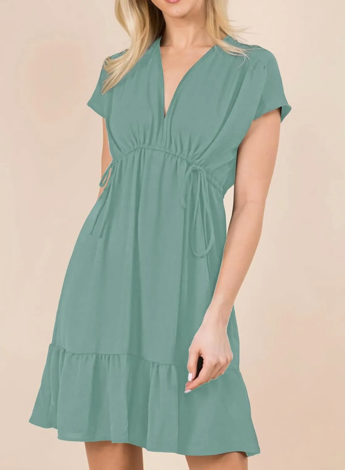 Dokotoo Womens Summer Dresses 2025 Short Sleeve V Neck Empire Waist Drawstring Casual Ruffle A-Line Swing Mini Babydoll Dress