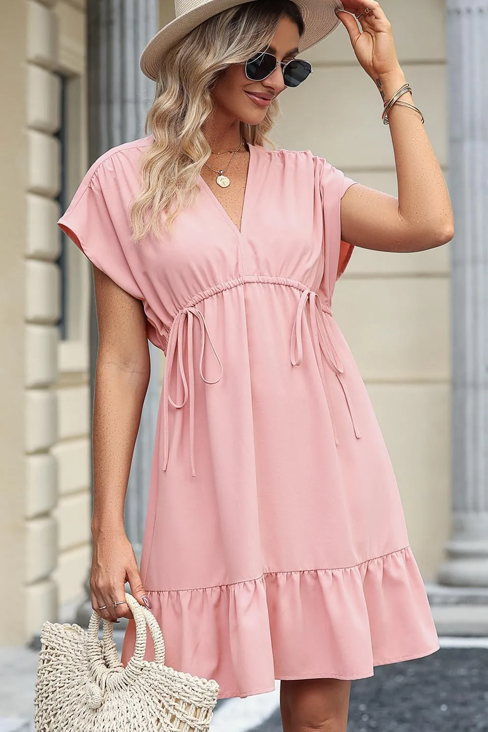 Dokotoo Womens Summer Dresses 2025 Short Sleeve V Neck Empire Waist Drawstring Casual Ruffle A-Line Swing Mini Babydoll Dress