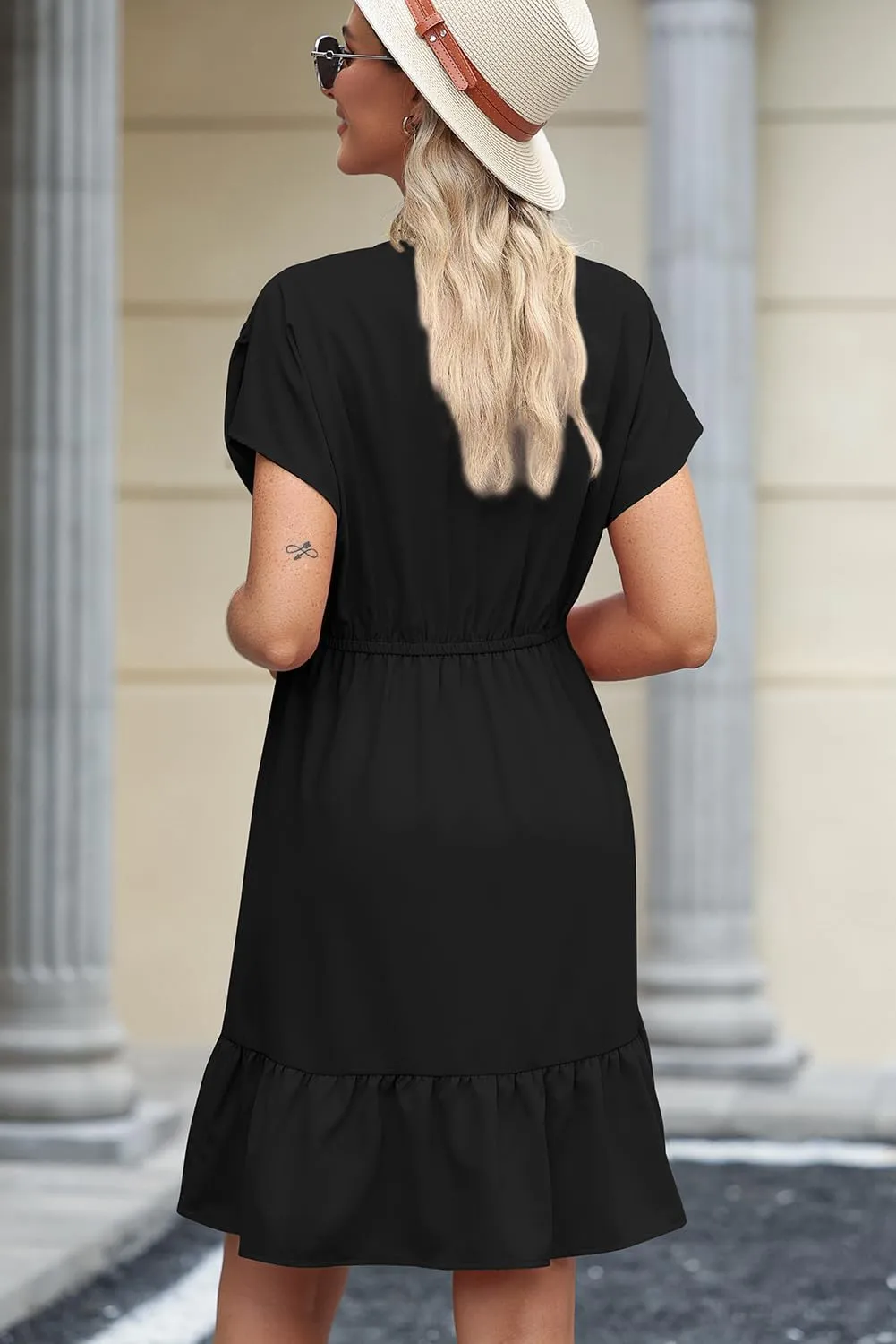 Dokotoo Womens Summer Dresses 2025 Short Sleeve V Neck Empire Waist Drawstring Casual Ruffle A-Line Swing Mini Babydoll Dress
