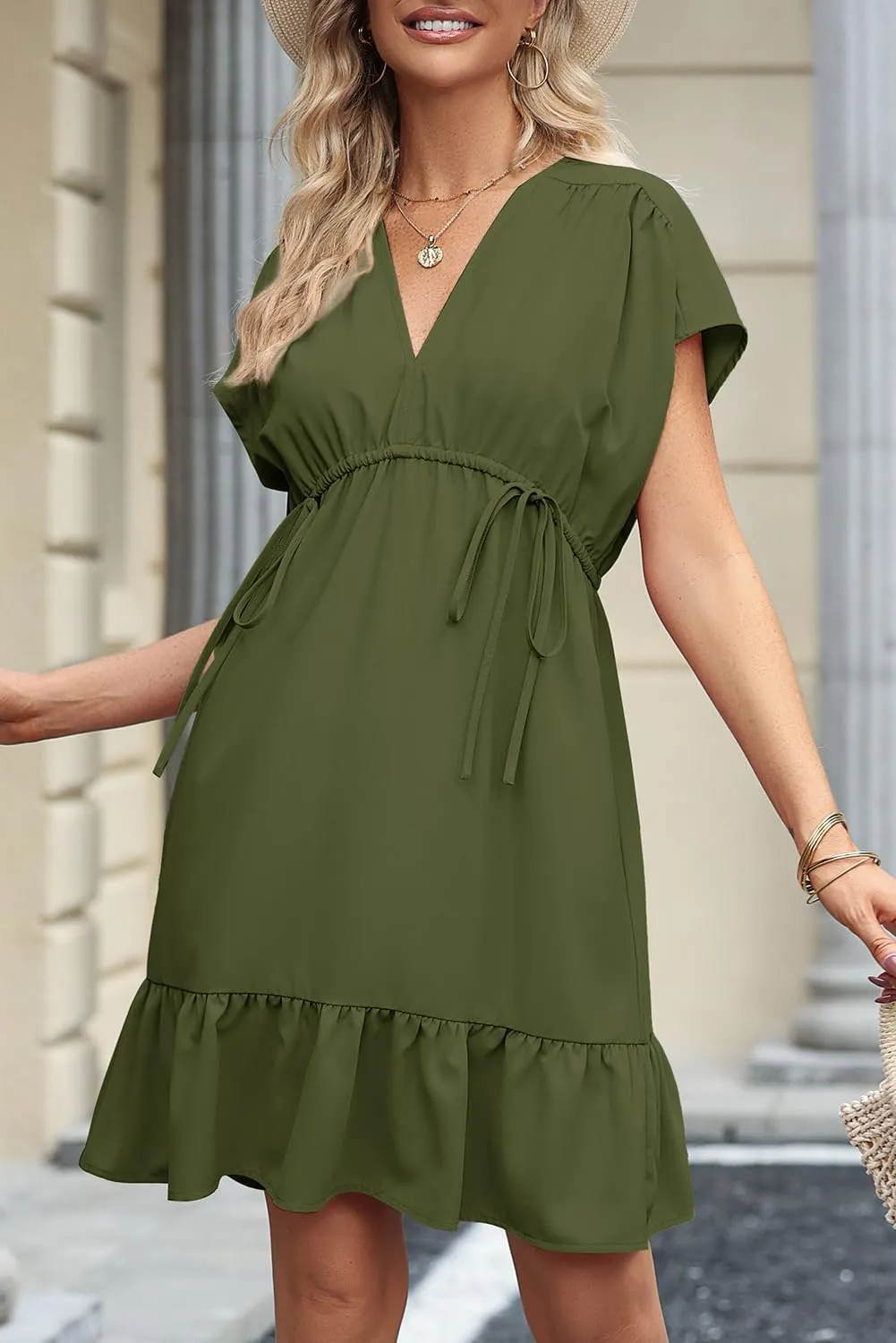 Dokotoo Womens Summer Dresses 2025 Short Sleeve V Neck Empire Waist Drawstring Casual Ruffle A-Line Swing Mini Babydoll Dress