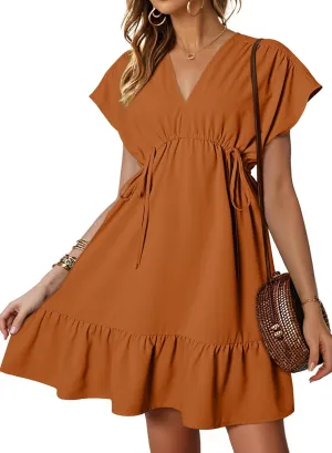 Dokotoo Womens Summer Dresses 2025 Short Sleeve V Neck Empire Waist Drawstring Casual Ruffle A-Line Swing Mini Babydoll Dress