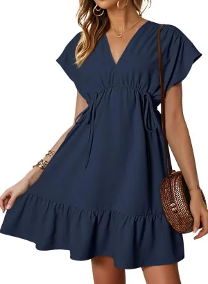 Dokotoo Womens Summer Dresses 2025 Short Sleeve V Neck Empire Waist Drawstring Casual Ruffle A-Line Swing Mini Babydoll Dress