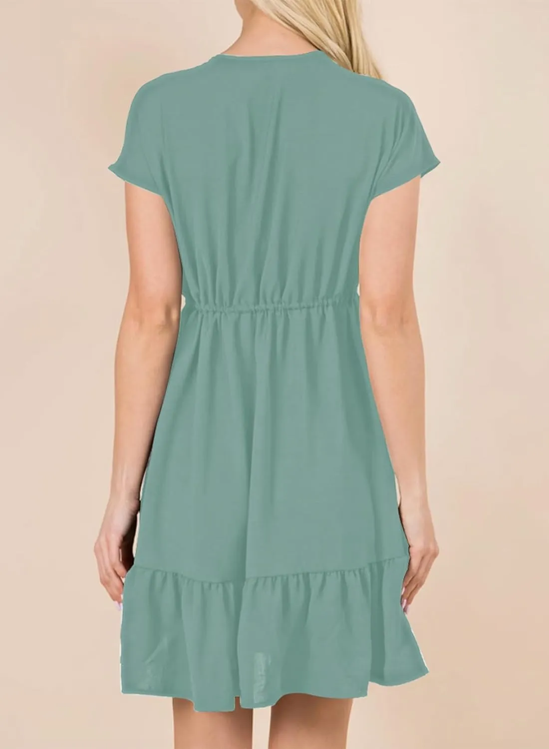 Dokotoo Womens Summer Dresses 2025 Short Sleeve V Neck Empire Waist Drawstring Casual Ruffle A-Line Swing Mini Babydoll Dress