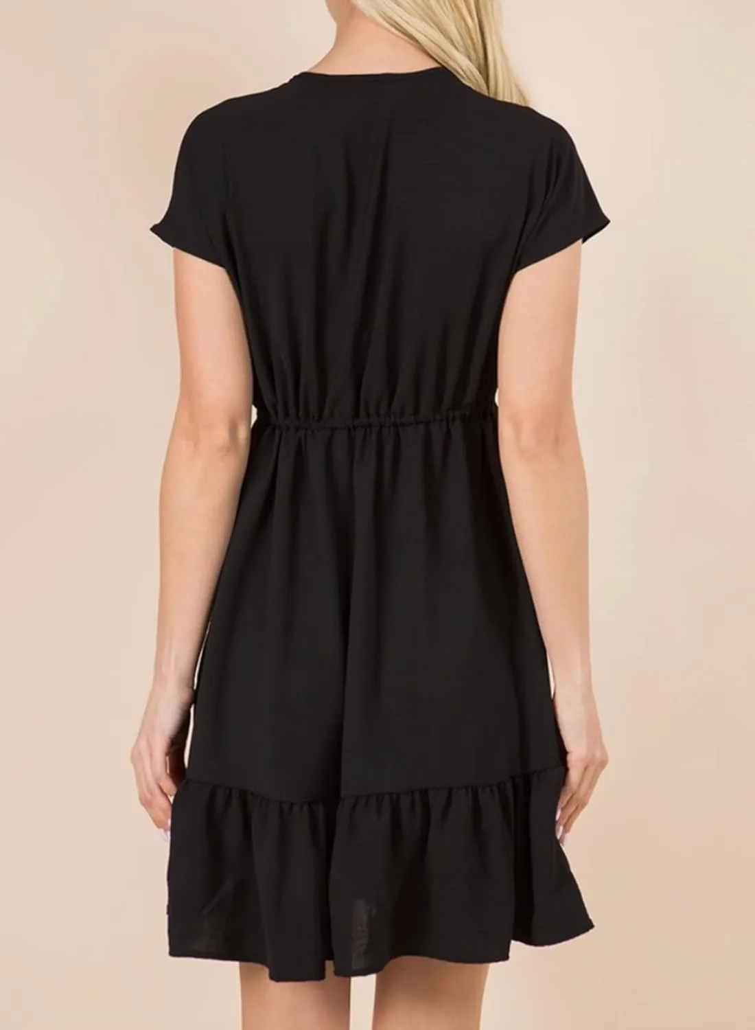 Dokotoo Womens Summer Dresses 2025 Short Sleeve V Neck Empire Waist Drawstring Casual Ruffle A-Line Swing Mini Babydoll Dress