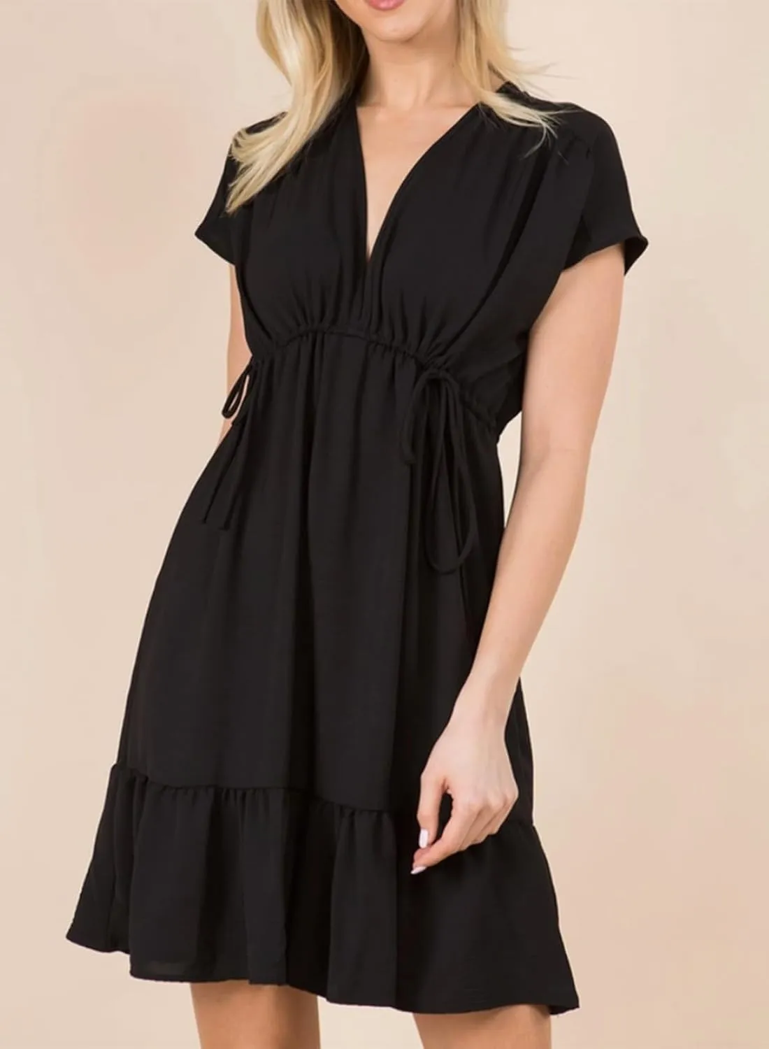 Dokotoo Womens Summer Dresses 2025 Short Sleeve V Neck Empire Waist Drawstring Casual Ruffle A-Line Swing Mini Babydoll Dress