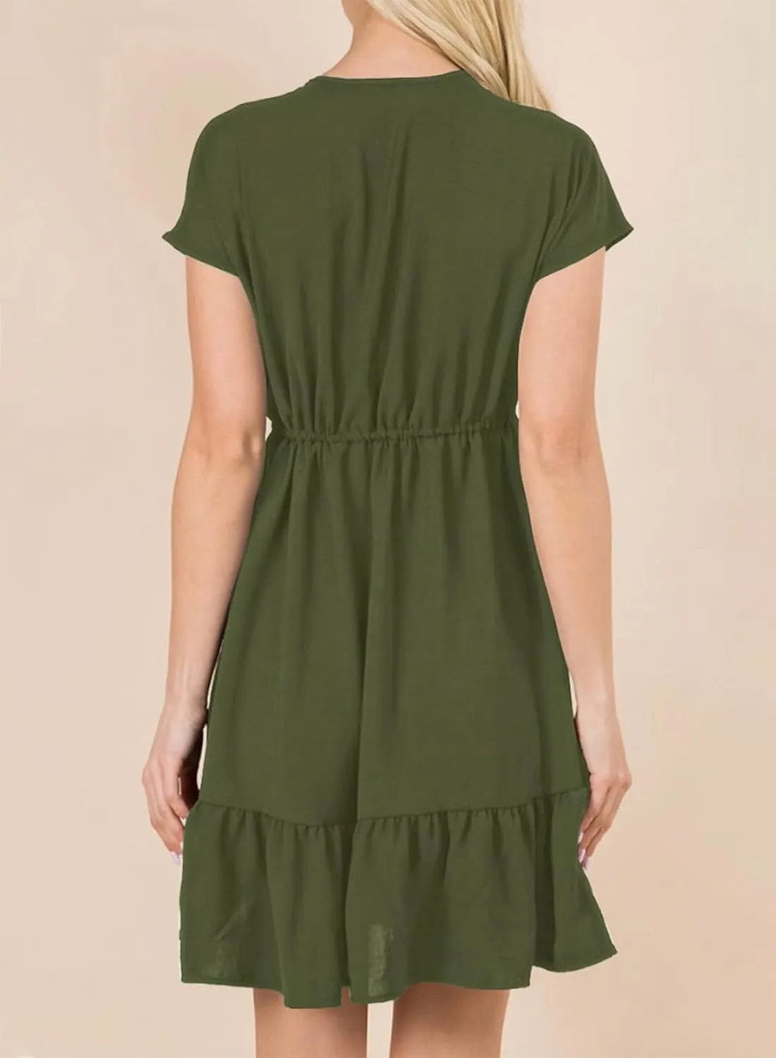 Dokotoo Womens Summer Dresses 2025 Short Sleeve V Neck Empire Waist Drawstring Casual Ruffle A-Line Swing Mini Babydoll Dress
