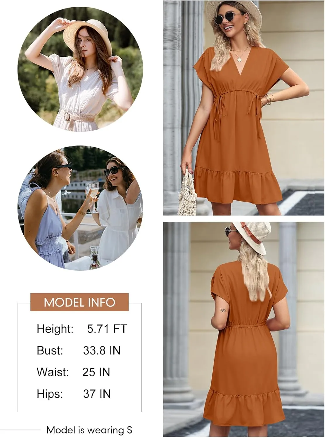 Dokotoo Womens Summer Dresses 2025 Short Sleeve V Neck Empire Waist Drawstring Casual Ruffle A-Line Swing Mini Babydoll Dress