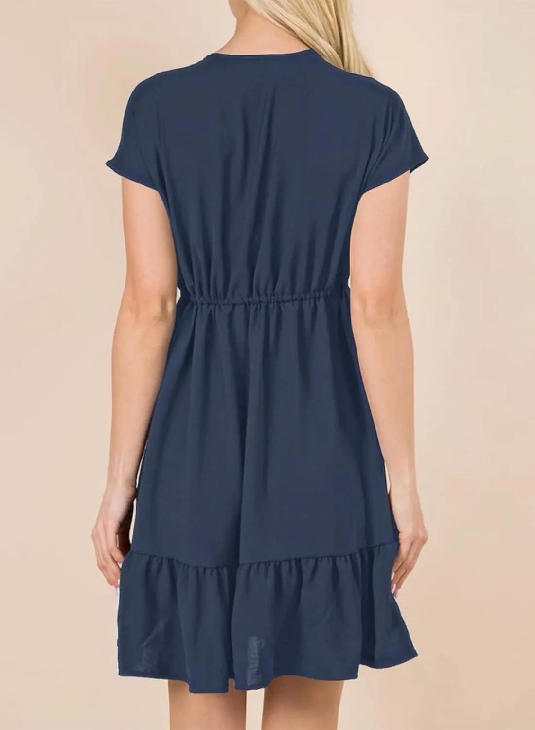 Dokotoo Womens Summer Dresses 2025 Short Sleeve V Neck Empire Waist Drawstring Casual Ruffle A-Line Swing Mini Babydoll Dress