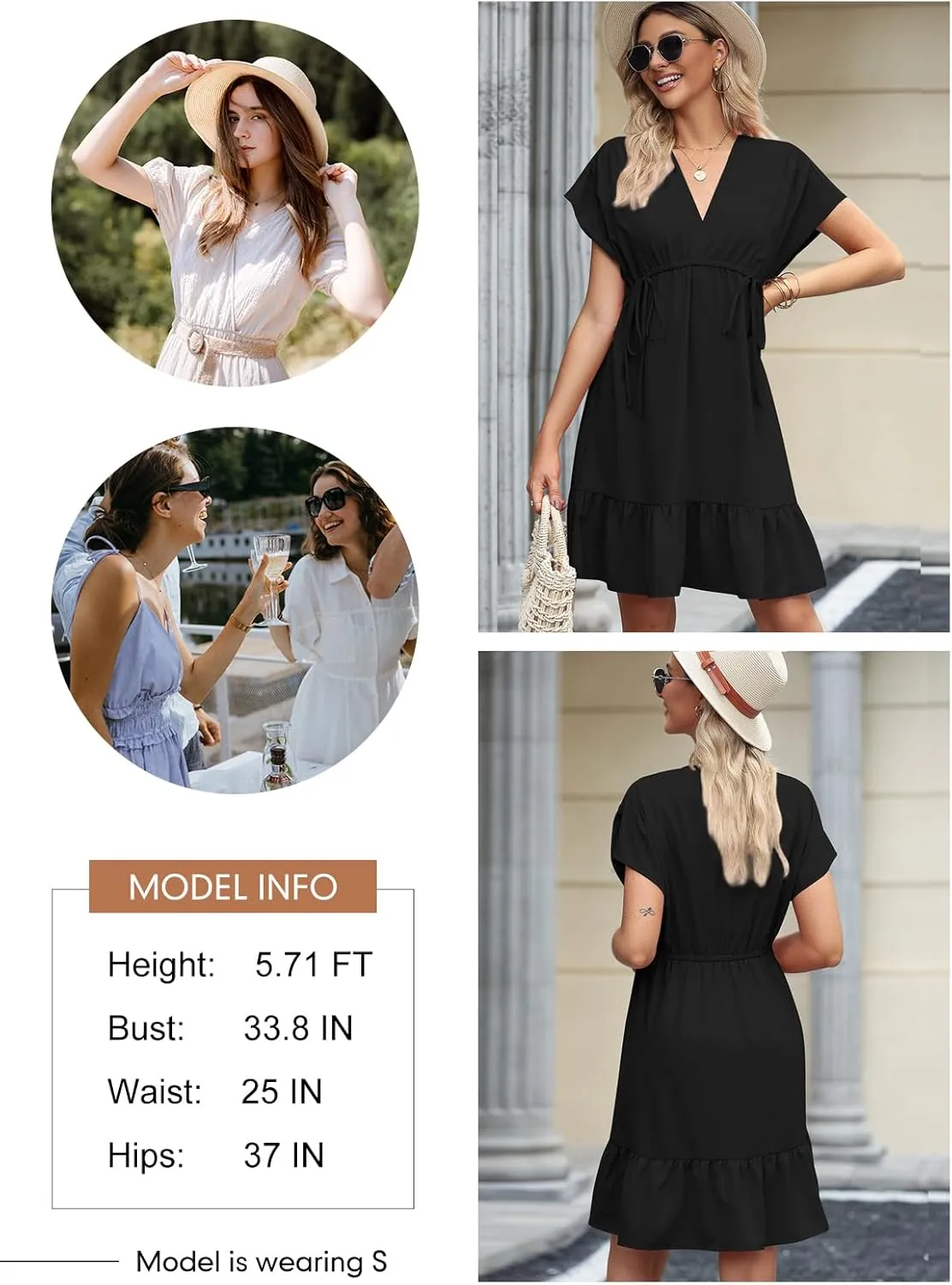 Dokotoo Womens Summer Dresses 2025 Short Sleeve V Neck Empire Waist Drawstring Casual Ruffle A-Line Swing Mini Babydoll Dress