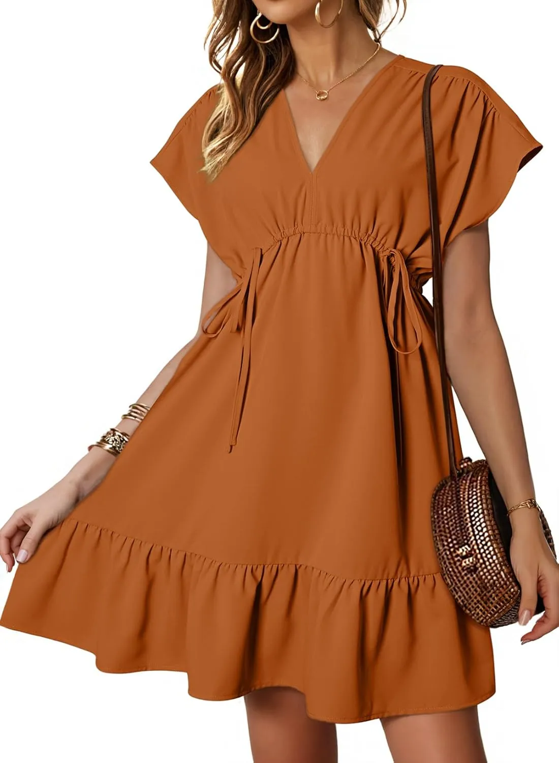 Dokotoo Womens Summer Dresses 2025 Short Sleeve V Neck Empire Waist Drawstring Casual Ruffle A-Line Swing Mini Babydoll Dress