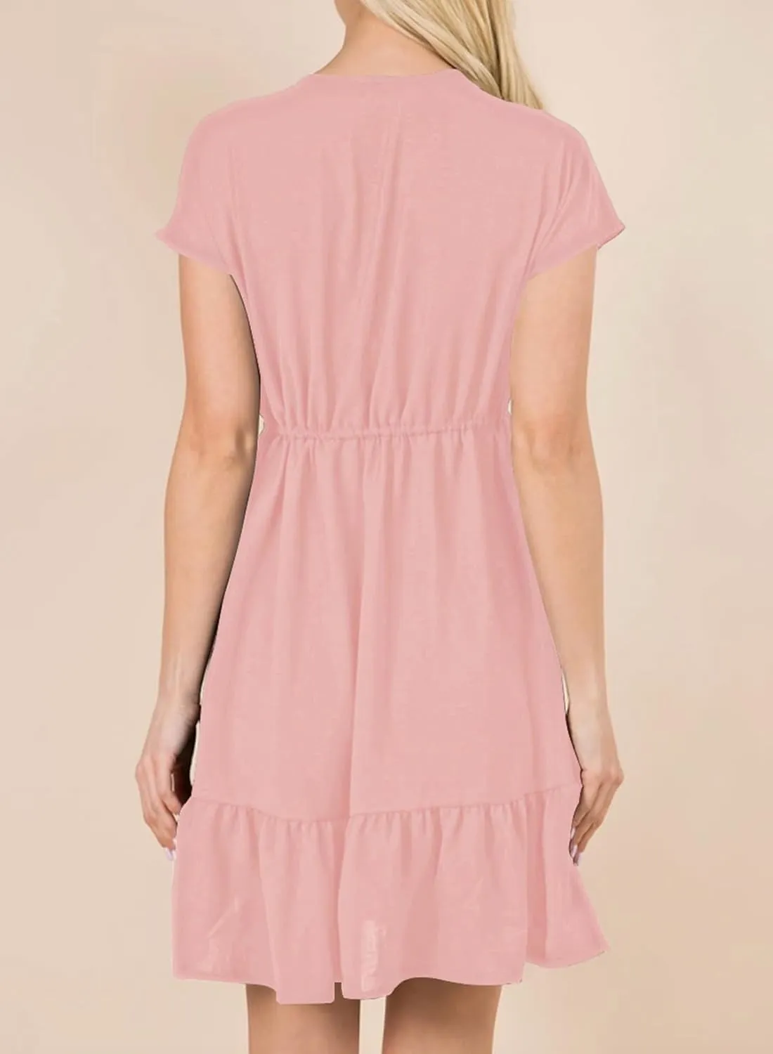 Dokotoo Womens Summer Dresses 2025 Short Sleeve V Neck Empire Waist Drawstring Casual Ruffle A-Line Swing Mini Babydoll Dress