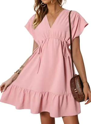 Dokotoo Womens Summer Dresses 2025 Short Sleeve V Neck Empire Waist Drawstring Casual Ruffle A-Line Swing Mini Babydoll Dress