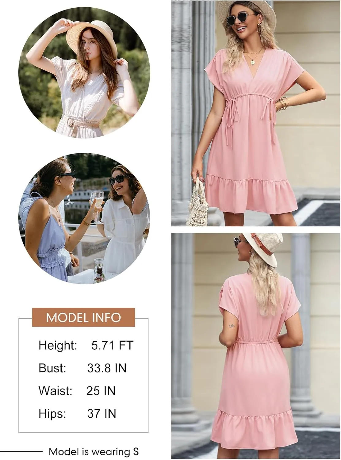 Dokotoo Womens Summer Dresses 2025 Short Sleeve V Neck Empire Waist Drawstring Casual Ruffle A-Line Swing Mini Babydoll Dress